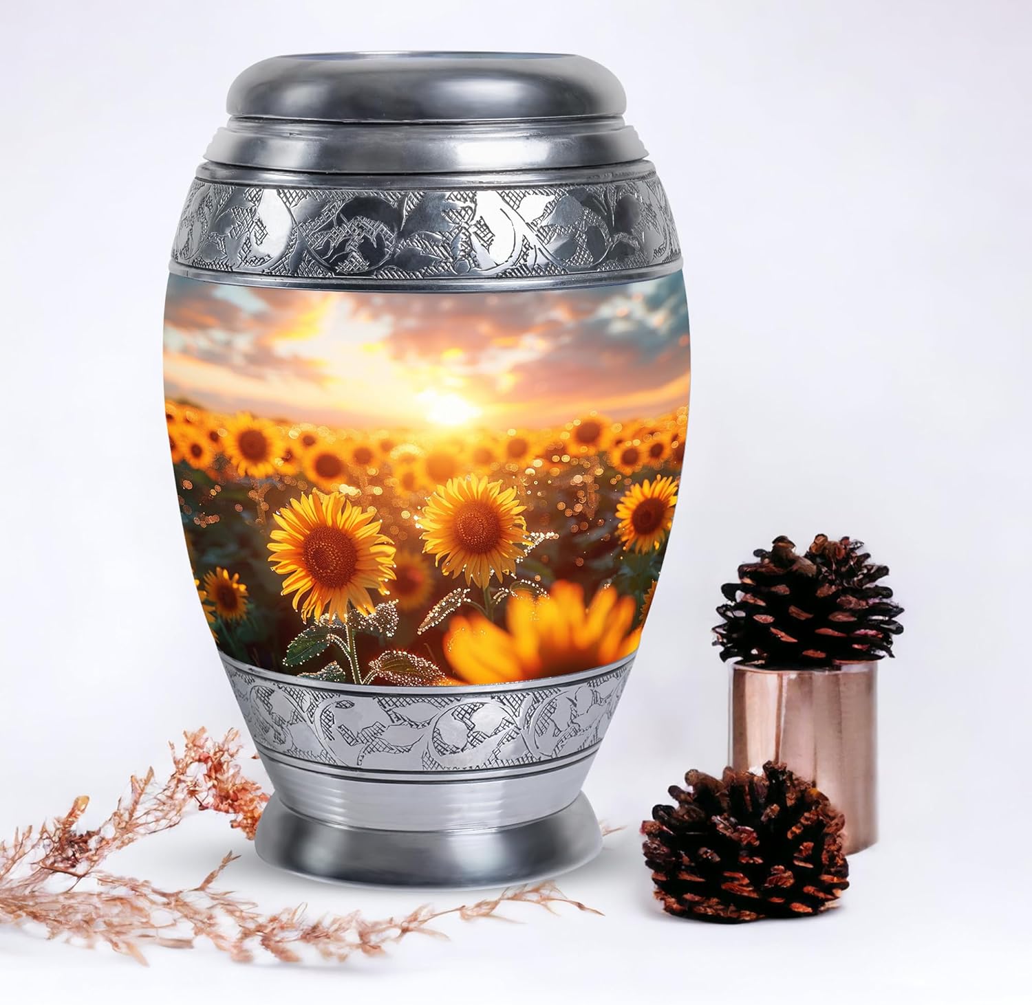 Sunflower Twilight Urn Set - Large Urn with Velvet Bag and Small Urn