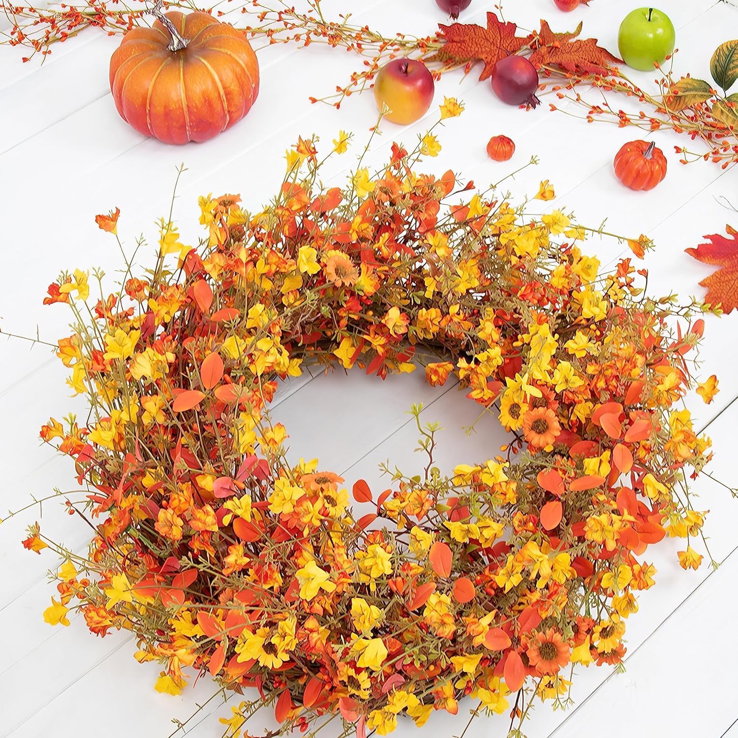 22 Inch Fall Wreath with Orange Eucalyptus and Berries
