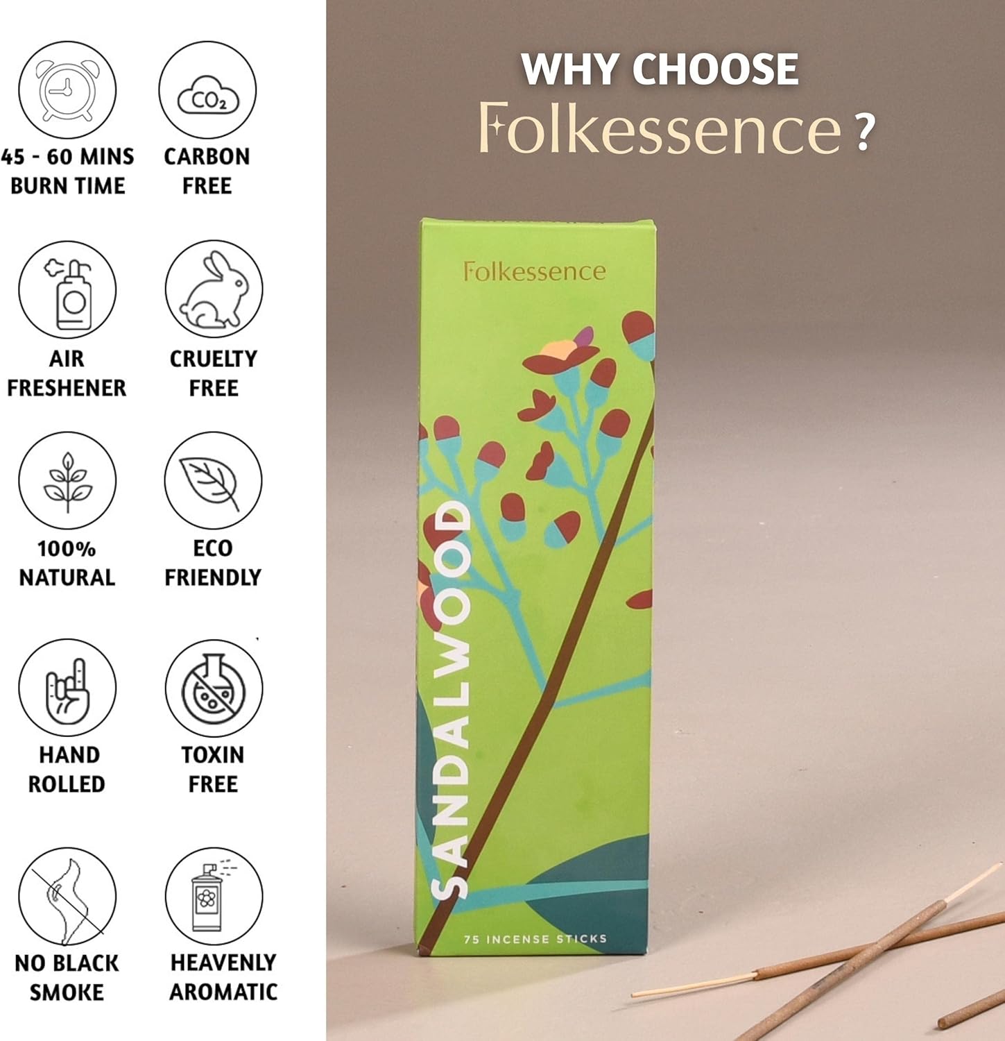 Folkulture Sandalwood Incense Sticks Pack of 75 1