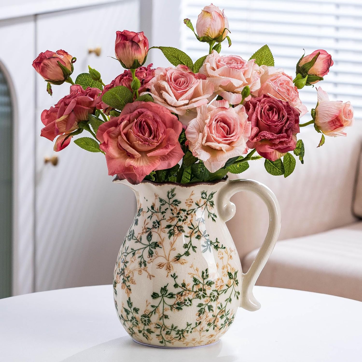 Green and White Vintage Vase with Handle