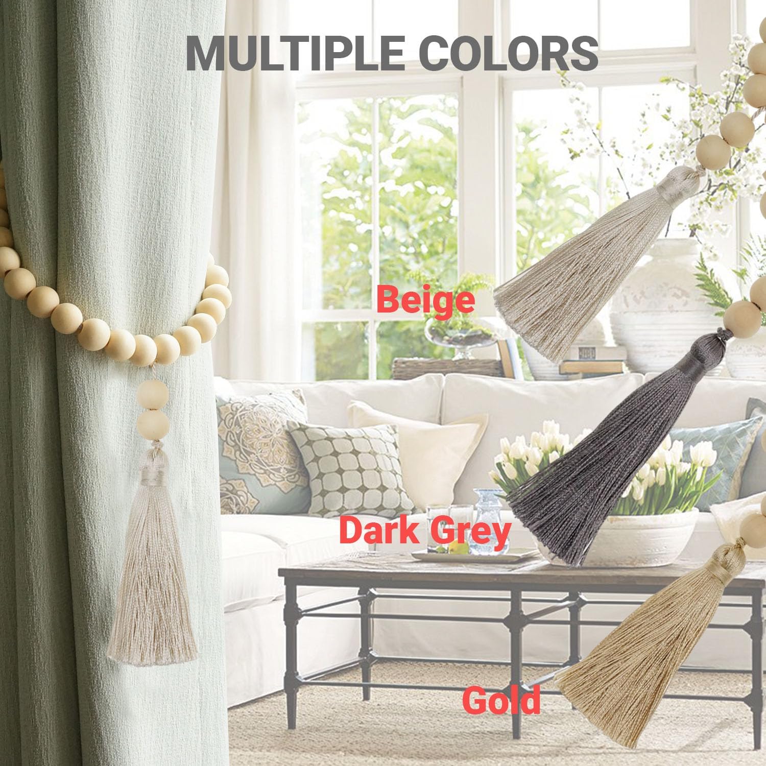 Magnetic Tassel Curtain Tiebacks - Set of 4 Beige