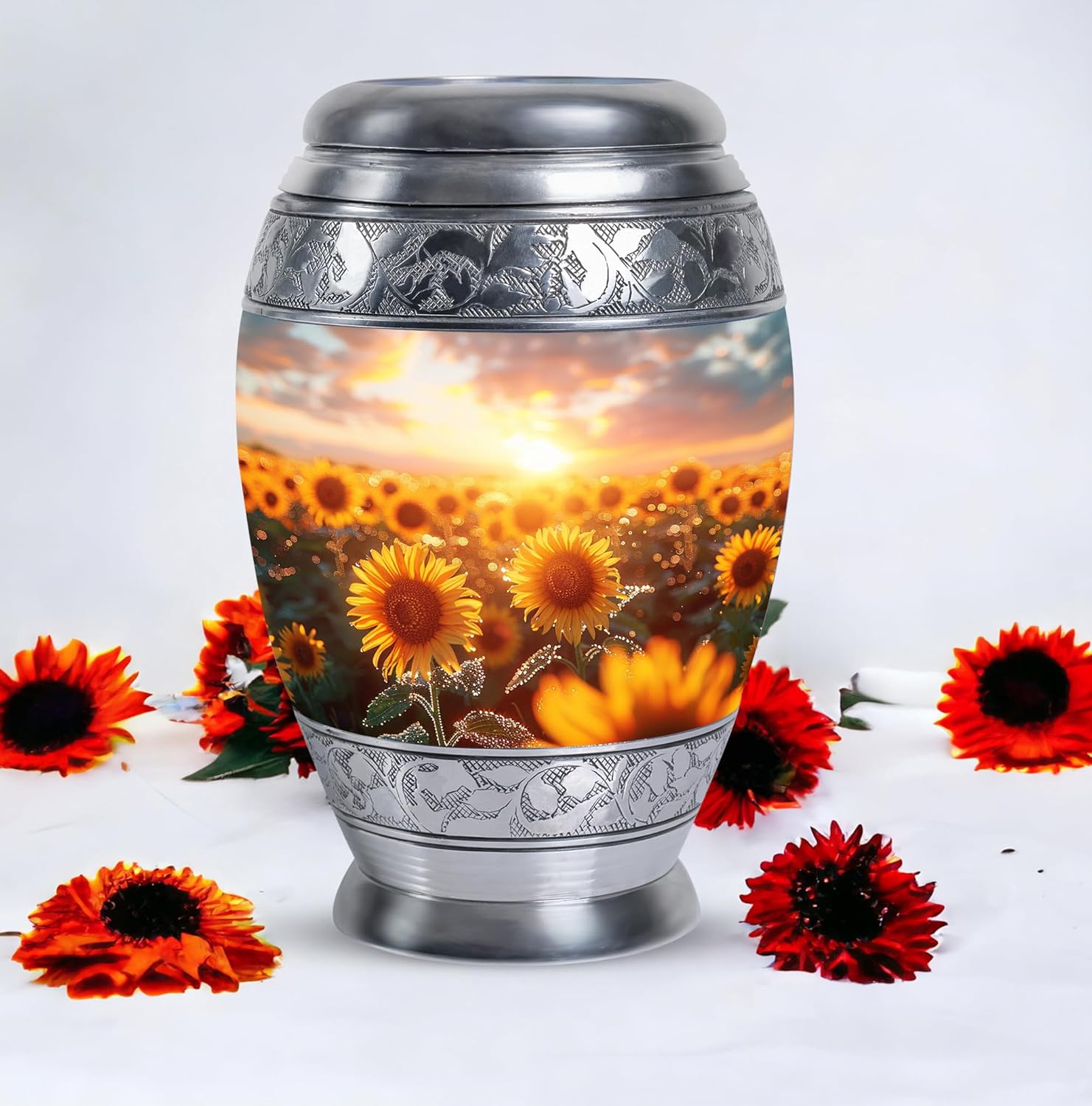 Sunflower Twilight Urn Set - Large Urn with Velvet Bag and Small Urn