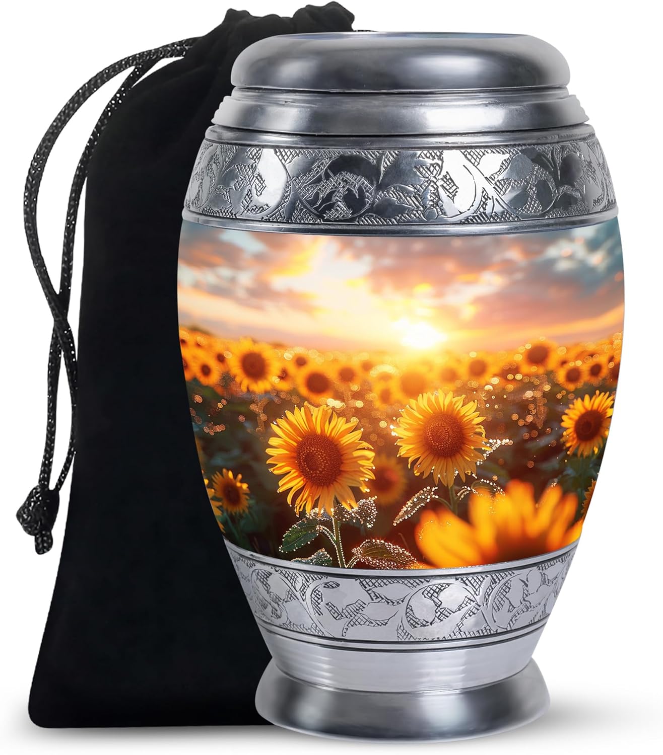 Sunflower Twilight Urn Set - Large Urn with Velvet Bag and Small Urn