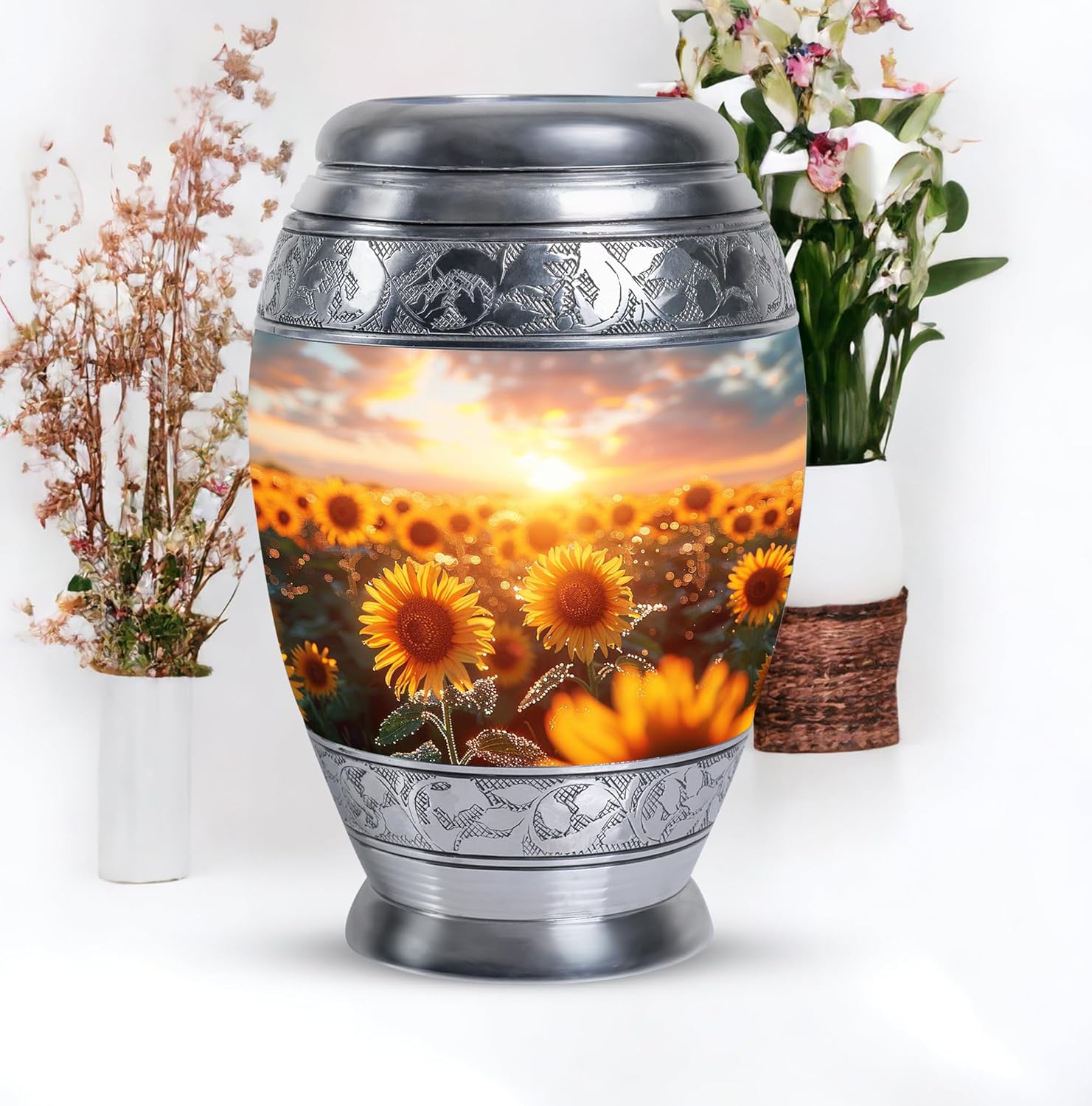 Sunflower Twilight Urn Set - Large Urn with Velvet Bag and Small Urn