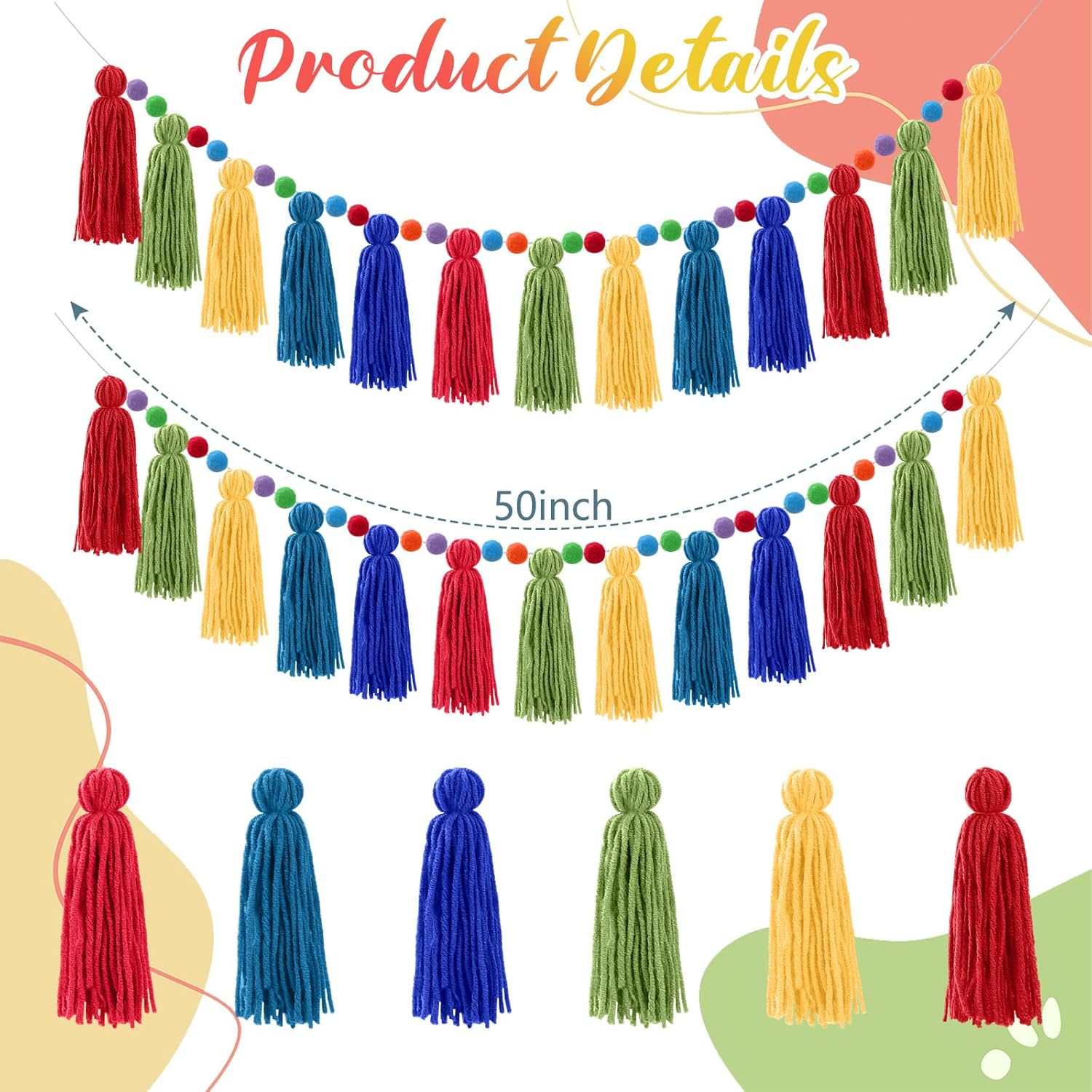 Syhood 3 Pcs Rainbow Tassel Garland with Pom Pom