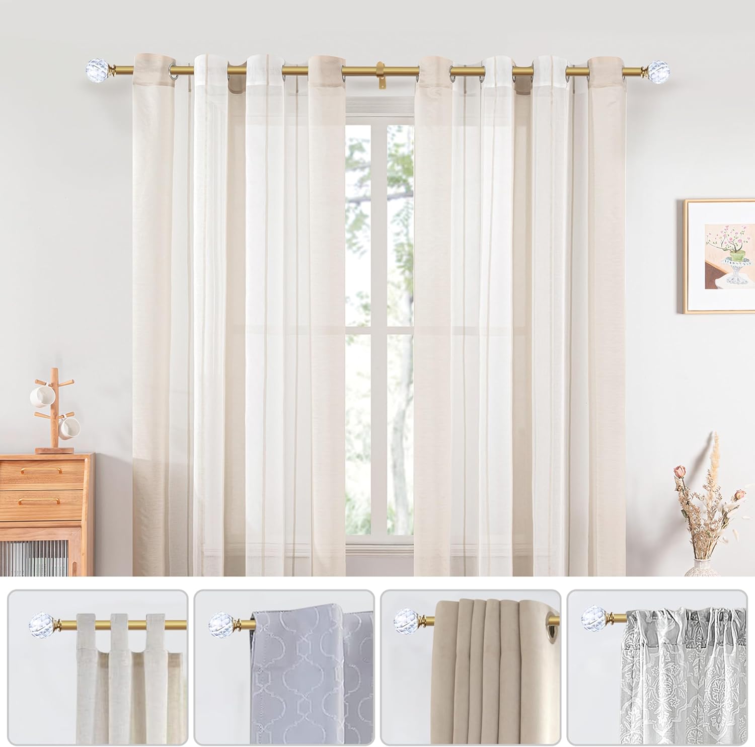 1 Inch Adjustable Curtain Rod with Crystal Diamond Ball Finials Gold