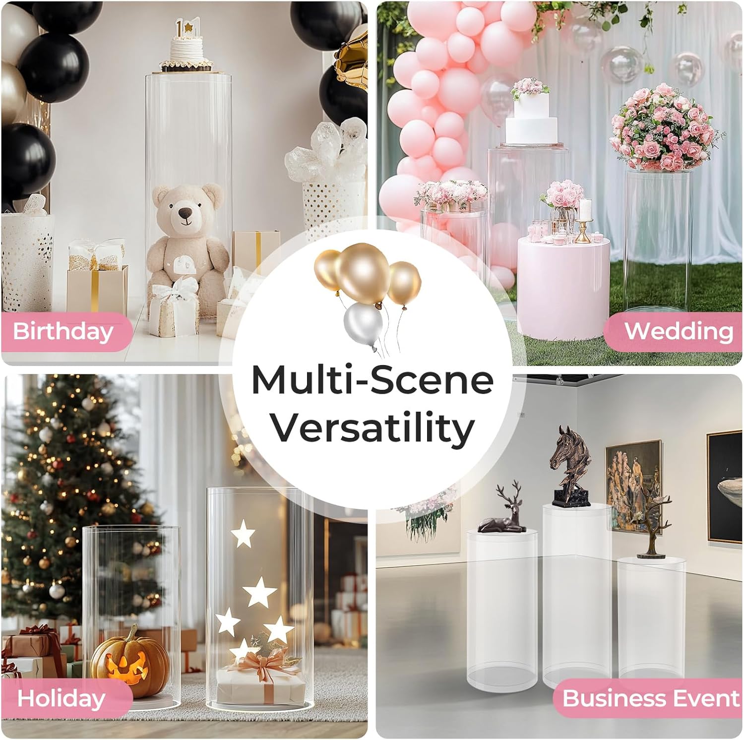 3 Pc Clear Acrylic Cylinder Pedestal Stand for Parties