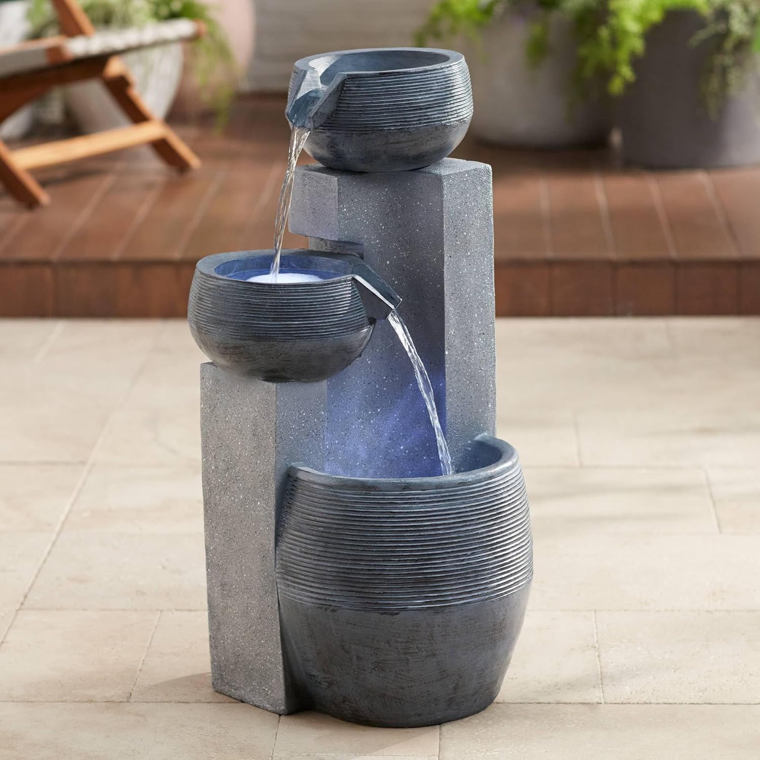 John Timberland Three Bowl Floor Standing Fountain with LED Light