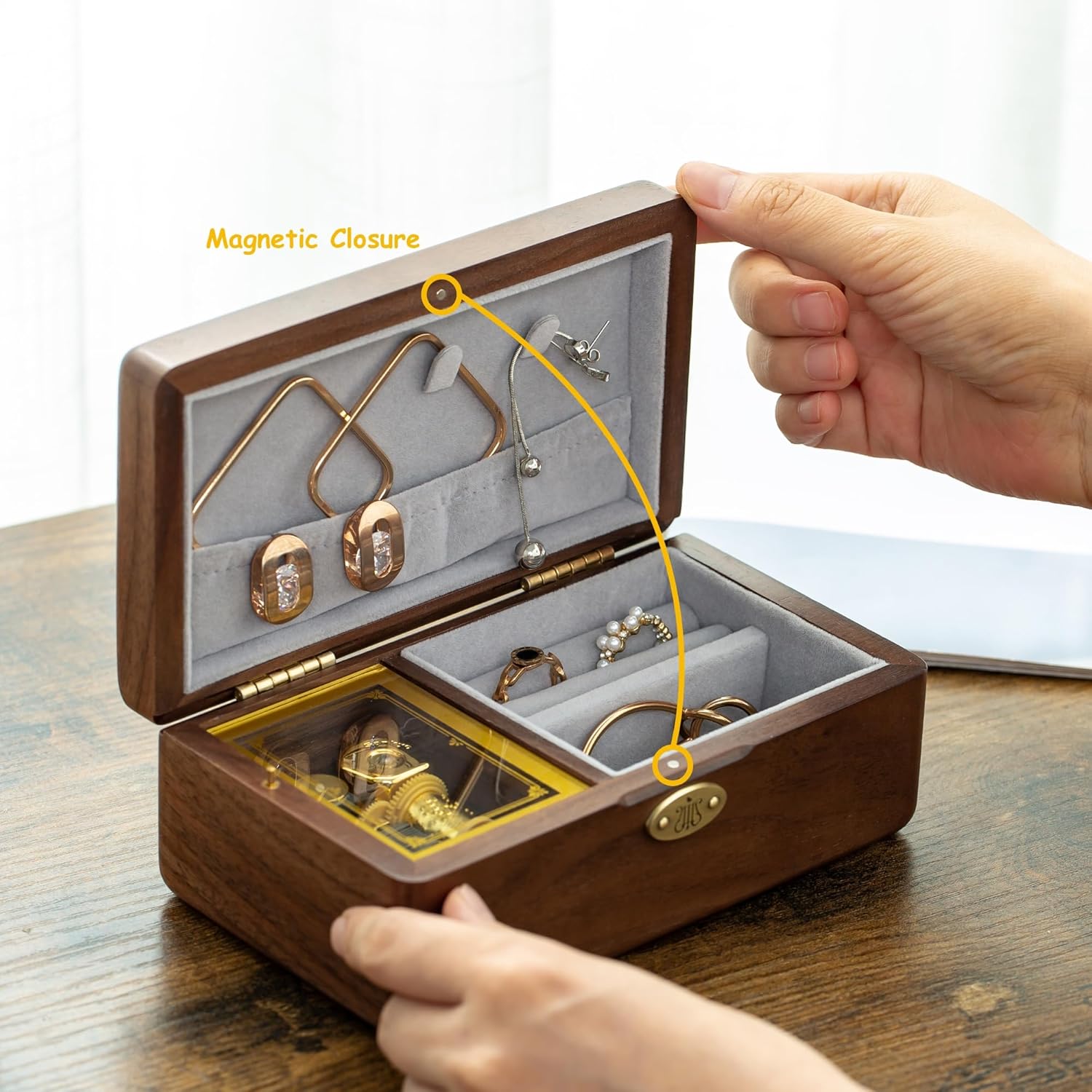 Golden Decorative Music Box with Sunflower Jewelry Holder