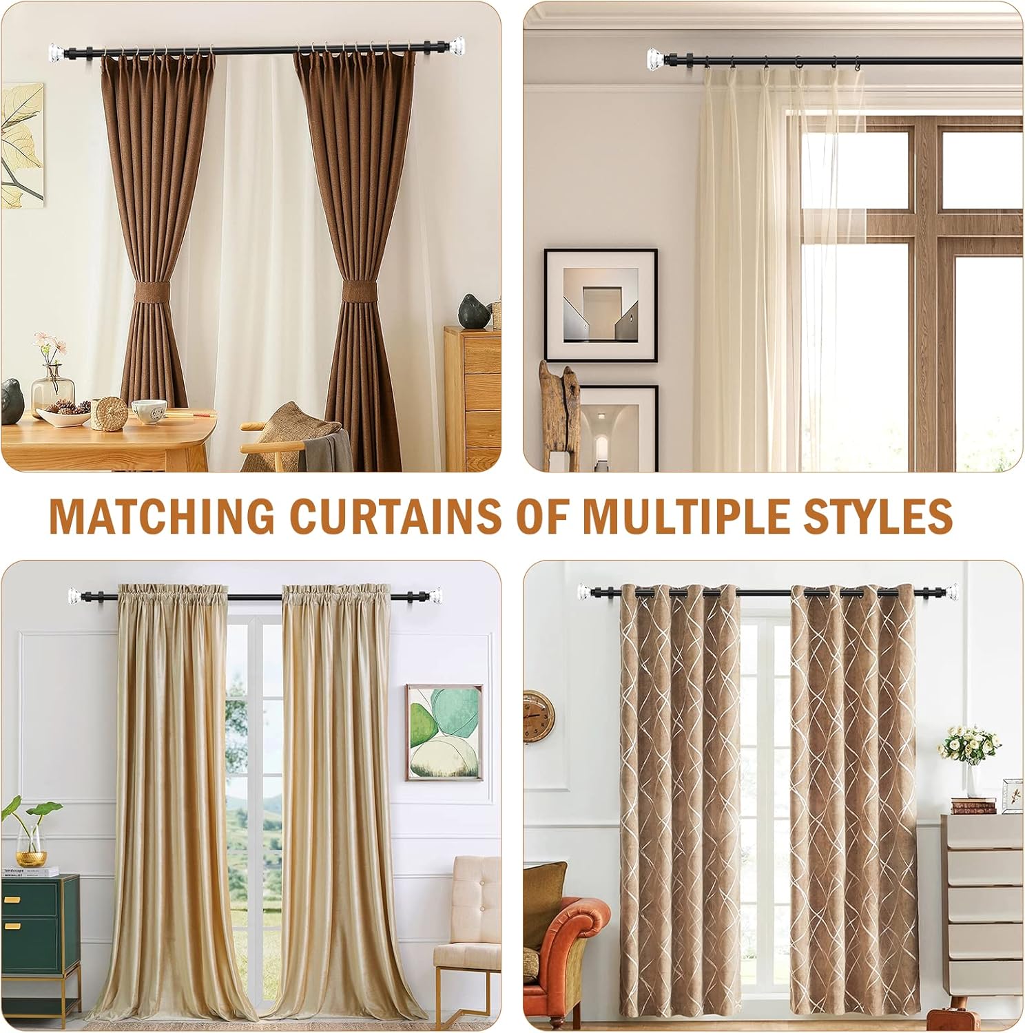 Knobelite Adjustable Single Curtain Rod with Crystal Finials