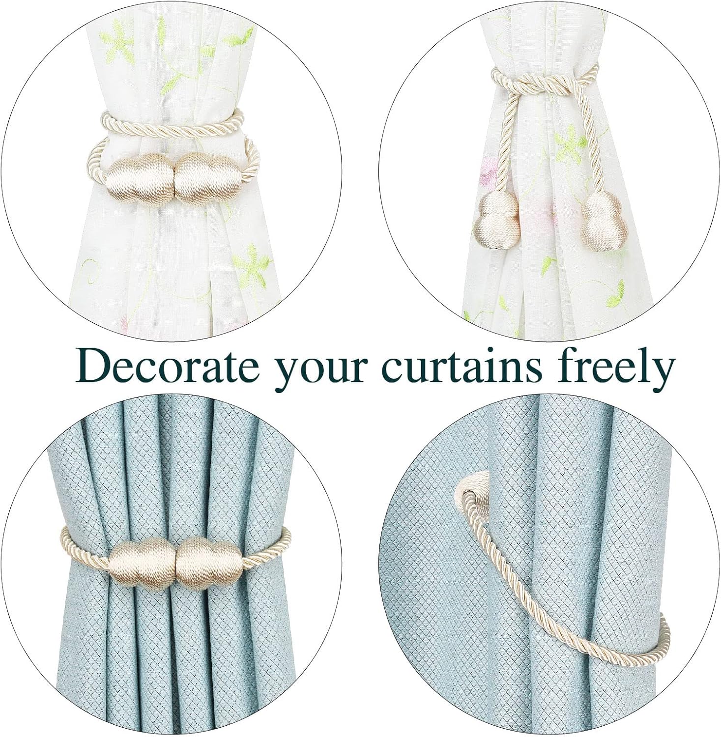 Hangtty Magnetic Curtain Tiebacks 6 Pack Beige