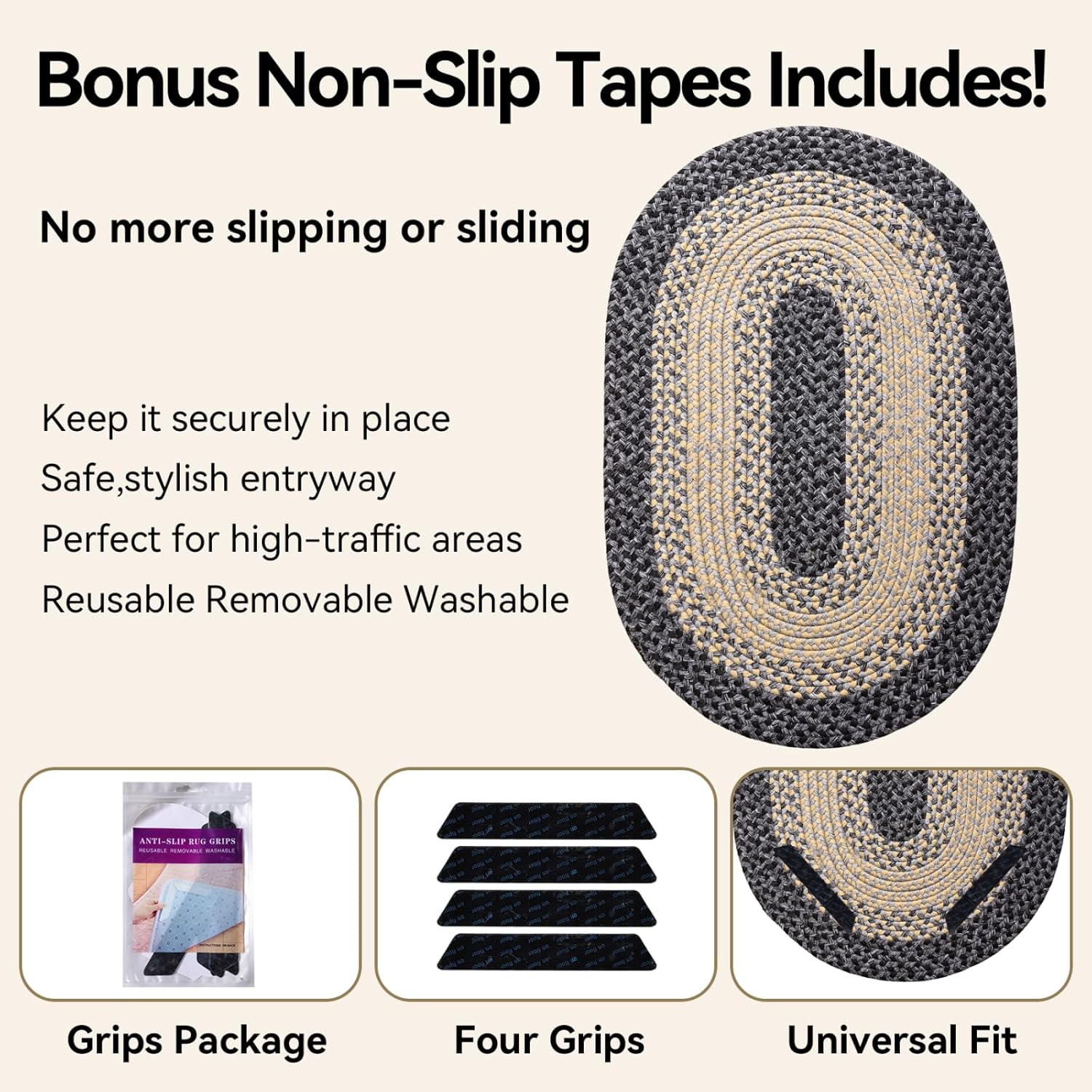 Oval Braided Rug 2x3 with Anti-Slip Pads