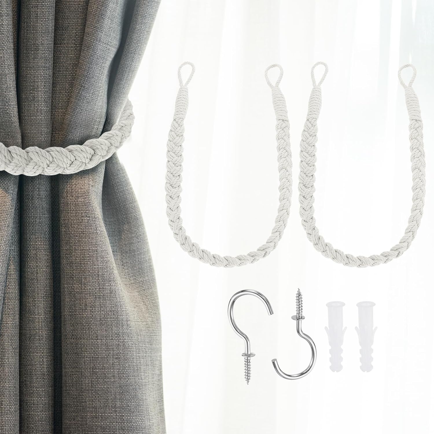 Uxcell 2Pcs Cotton Rope Curtain Tiebacks with Metal Hooks
