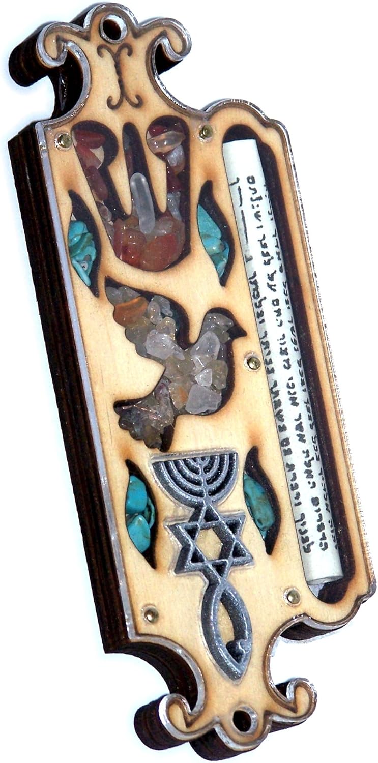 Holy Land Market Wooden Mezuzah Case with Scroll and Stones