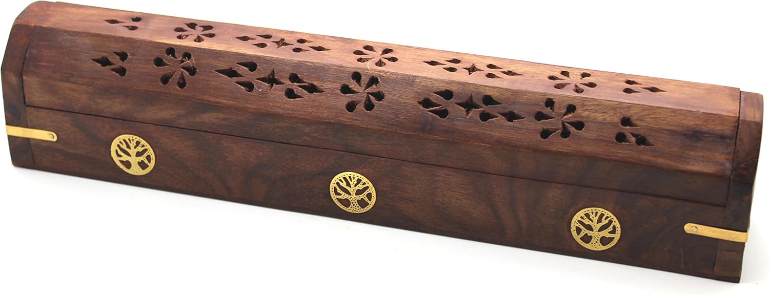 Govinda Wooden Coffin Incense Burner with Brass Inlays