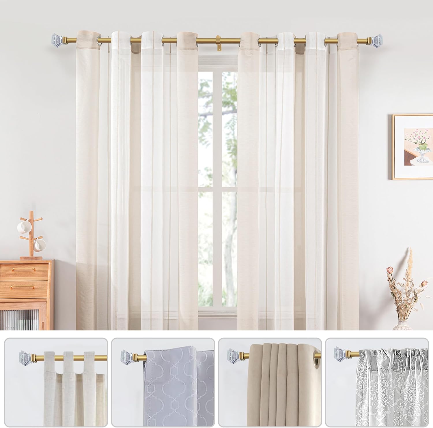 Adjustable 1 Inch Curtain Rods with Gold Square Crystal Finials