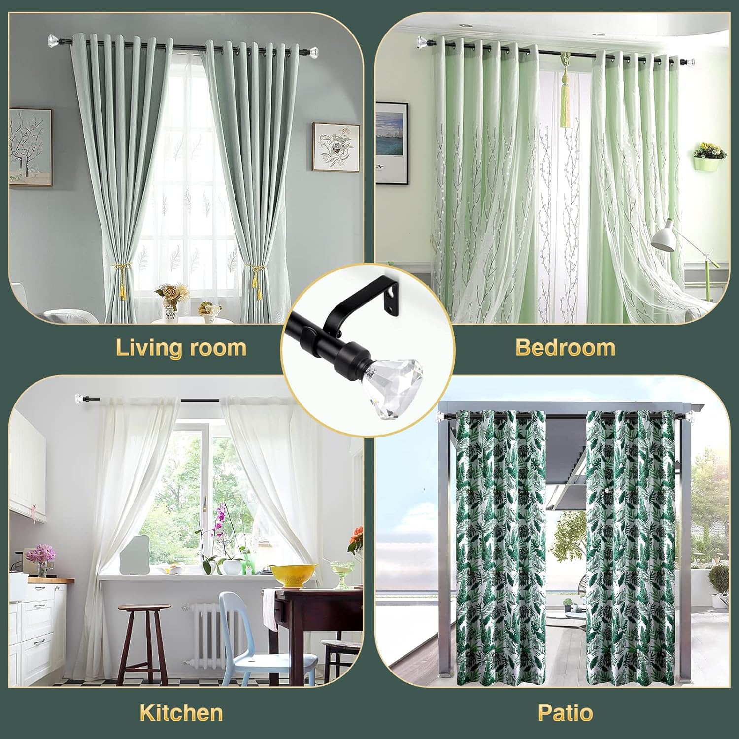 Black 1 Inch Adjustable Single Window Rod with Crystal Diamond Finials