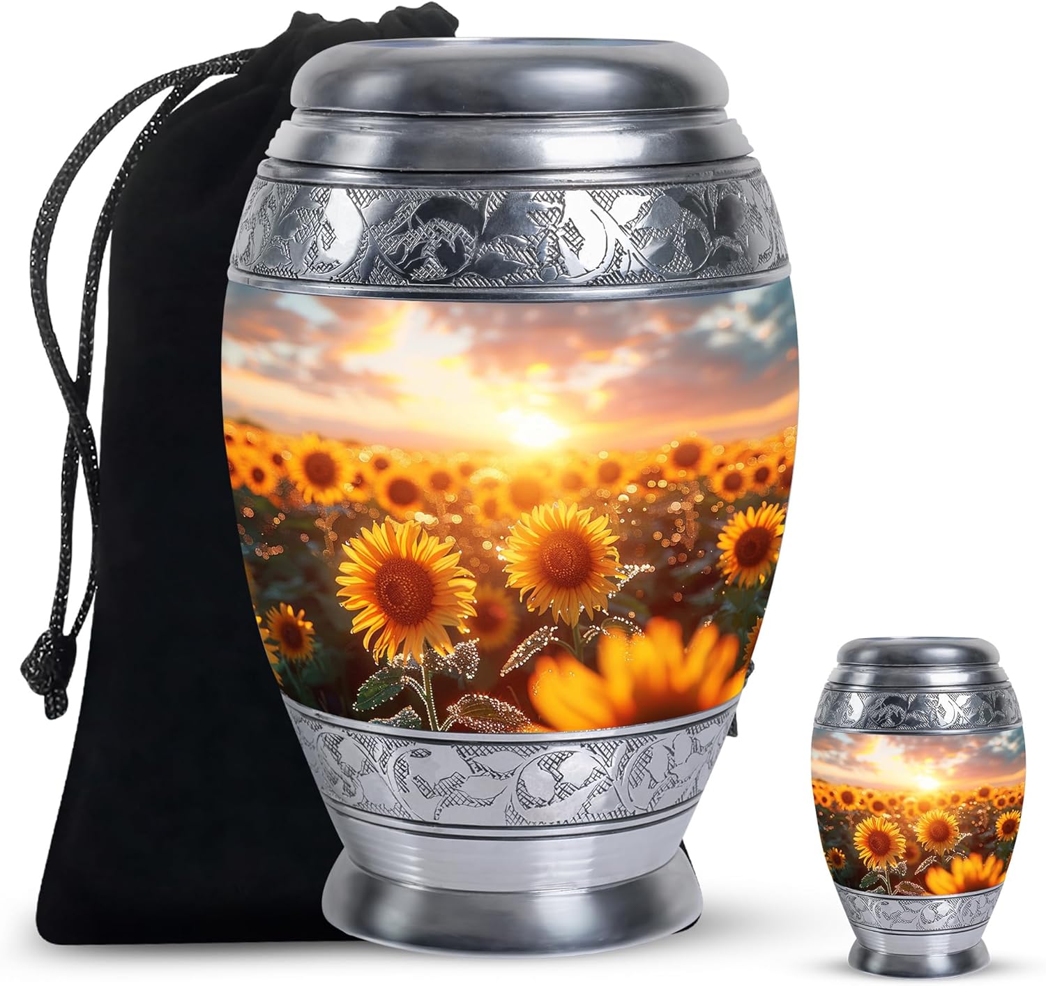 Sunflower Twilight Urn Set - Large Urn with Velvet Bag and Small Urn