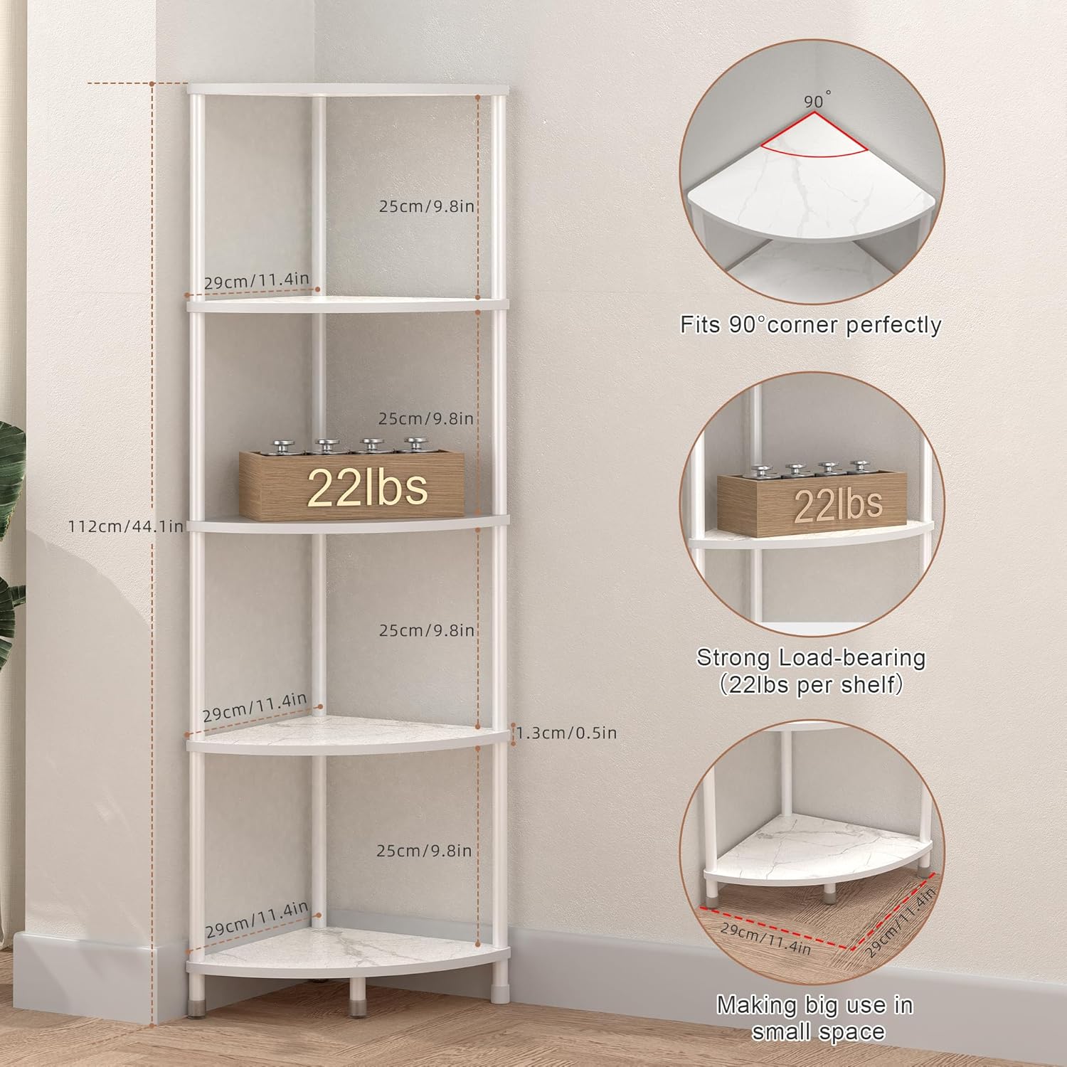 Greatseas 5 Tier Marble White Corner Shelf Stand