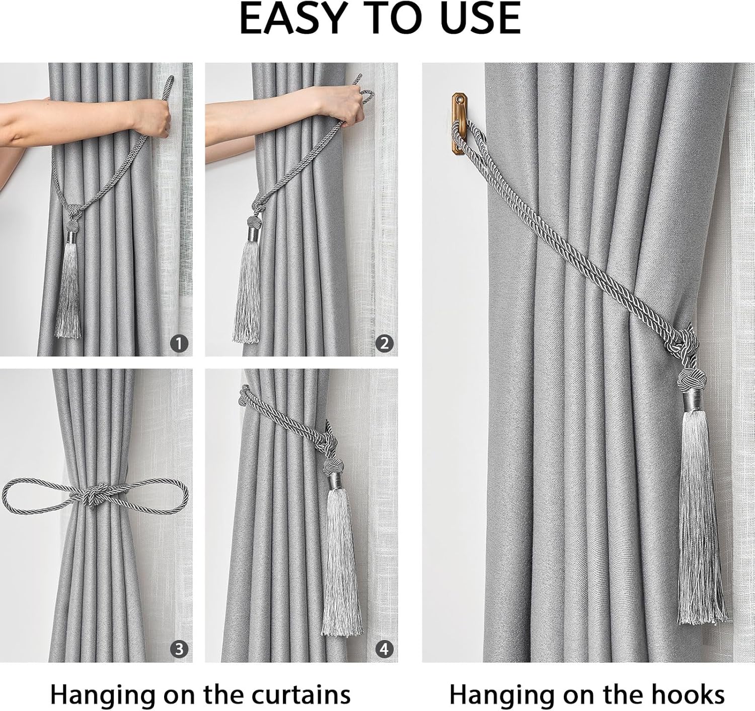 NICEEC 2 Pack Grey Tassel Curtain Tiebacks