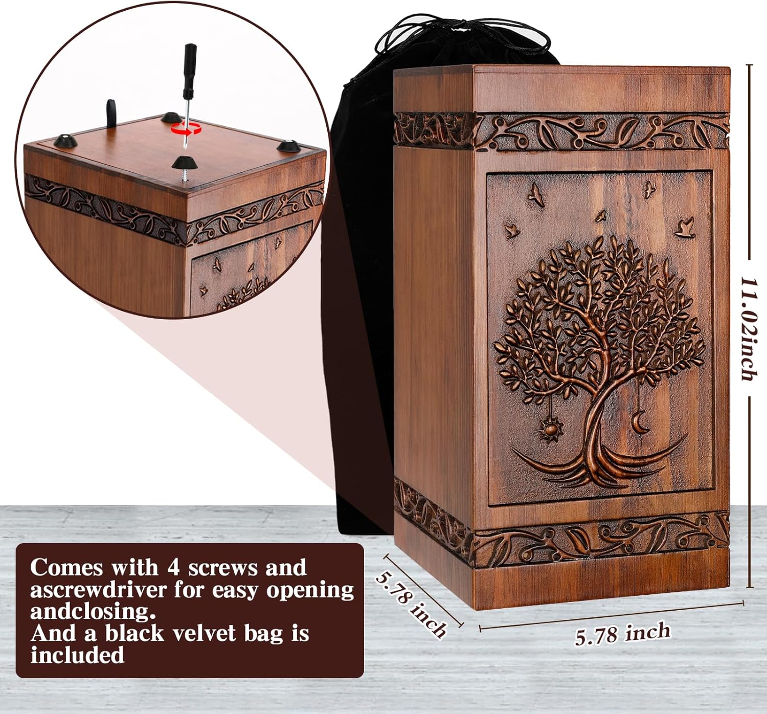 Handcrafted Wooden Cremation Urn with Velvet Bag