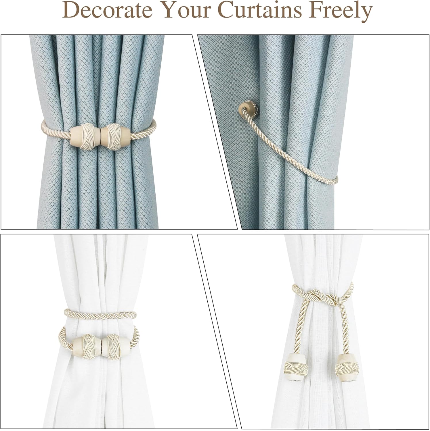 Hangtty Magnetic Curtain Tiebacks 4Pack Beige