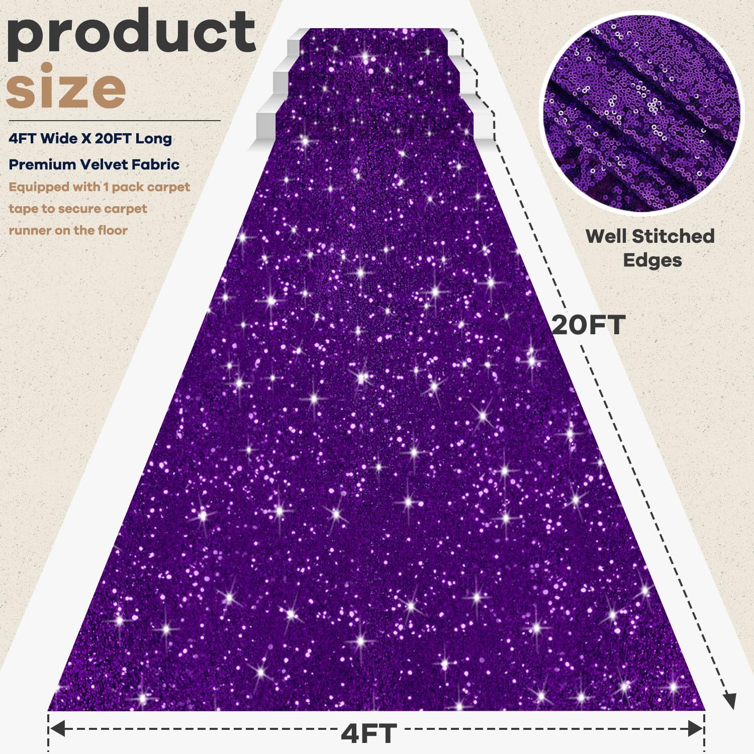 4ft x 20ft Purple Glitter Aisle Runner for Wedding and Party