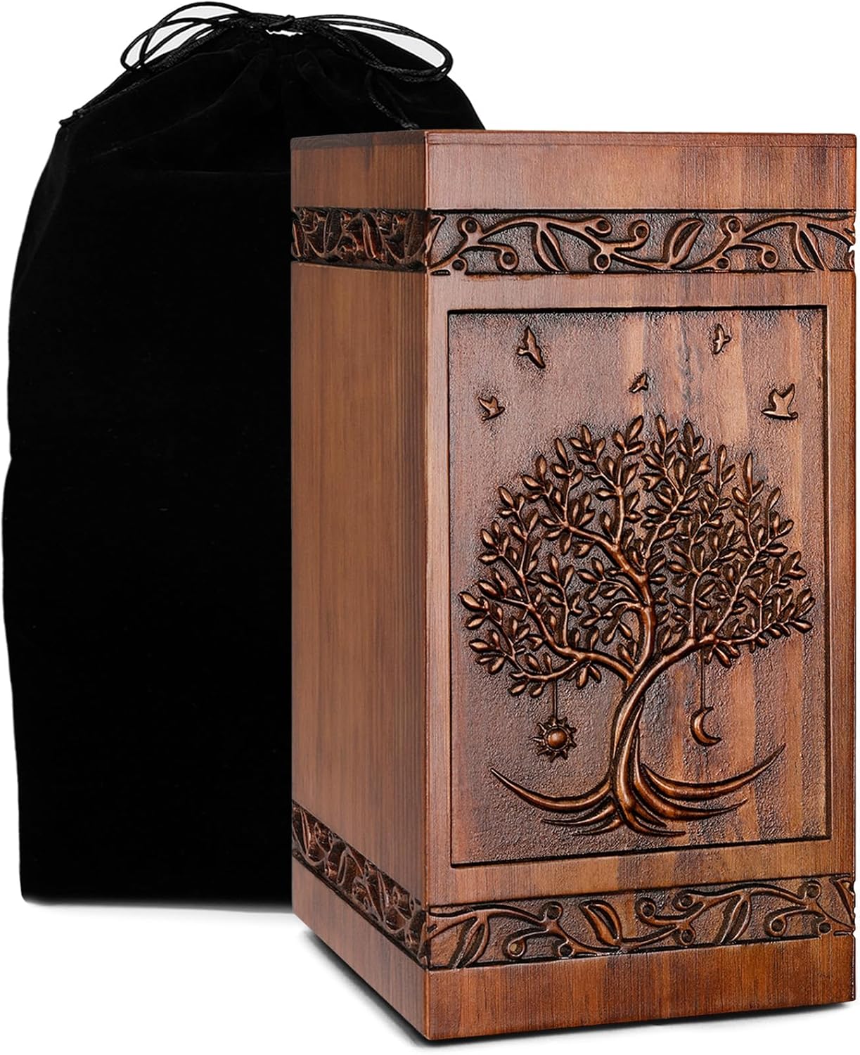 Handcrafted Wooden Cremation Urn with Velvet Bag