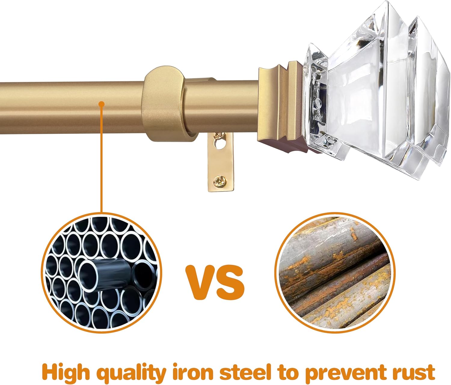 Exquisite Gold Adjustable 1in Steel Curtain Rod with Acrylic Finials