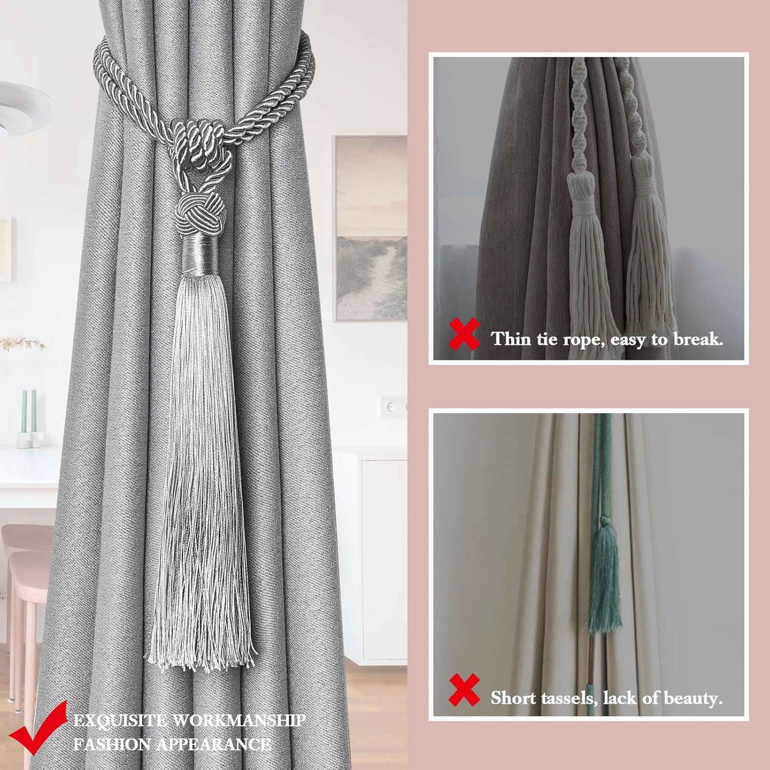 NICEEC 2 Pack Grey Tassel Curtain Tiebacks