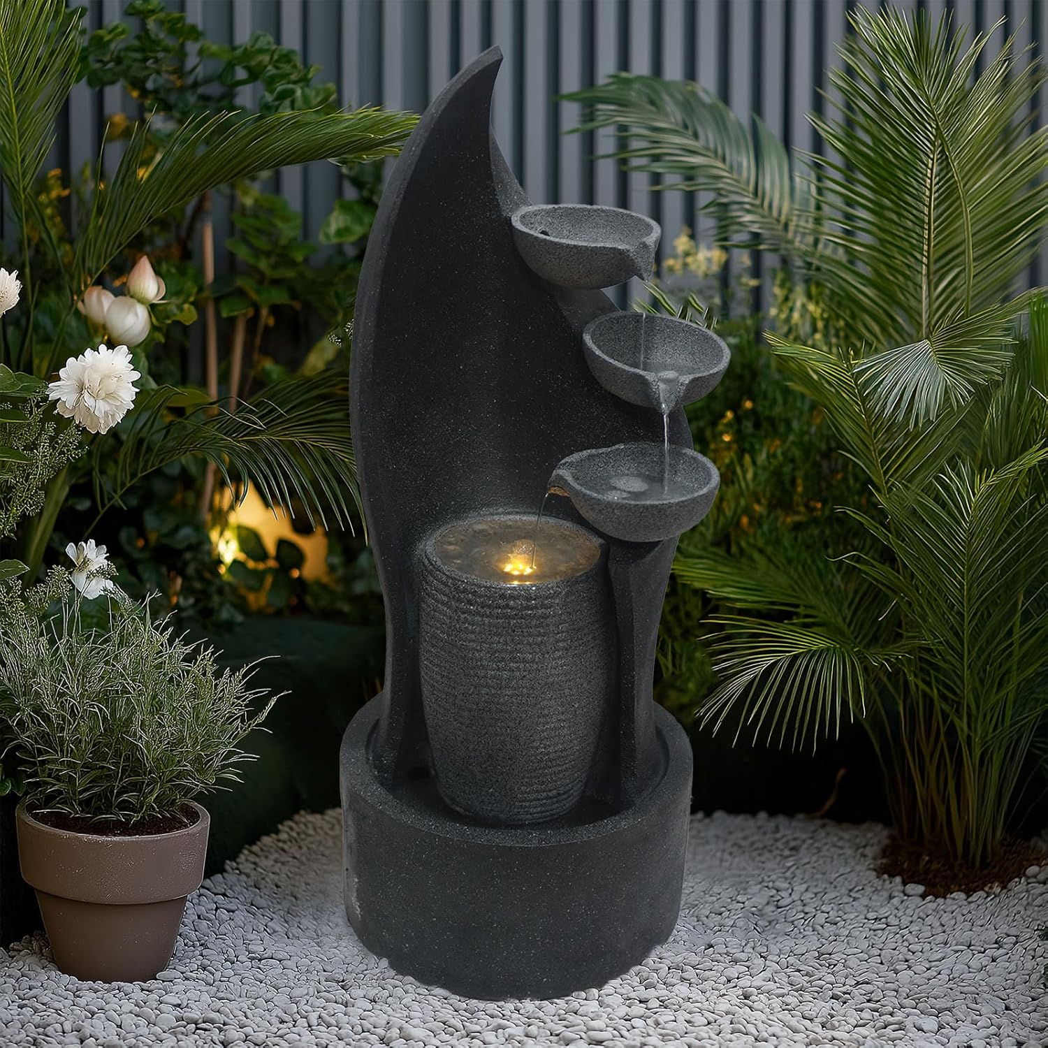 G-LEAF 35 Inch 3-Tier Cascading Bowl Fountain with LED Lights