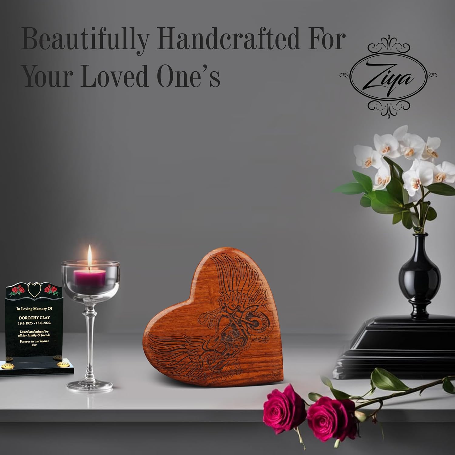Ziya Wooden Heart Motorcycle Cremation Urn for Men