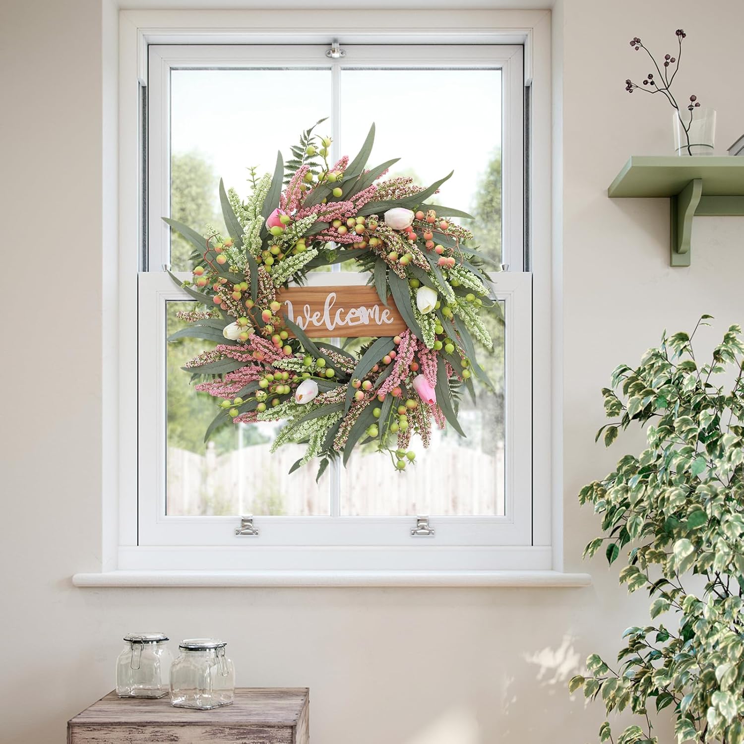 20 Inch Spring Summer Tulip Door Wreath with Berries and Cattails