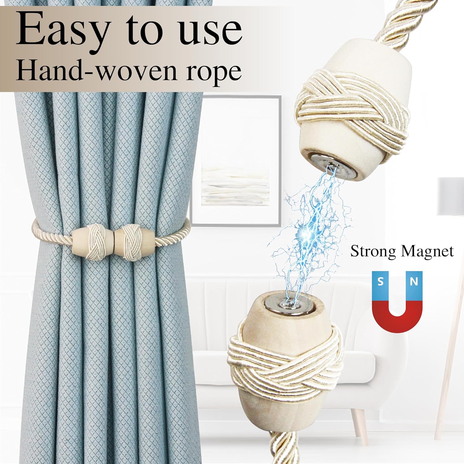 Hangtty Magnetic Curtain Tiebacks 4Pack Beige