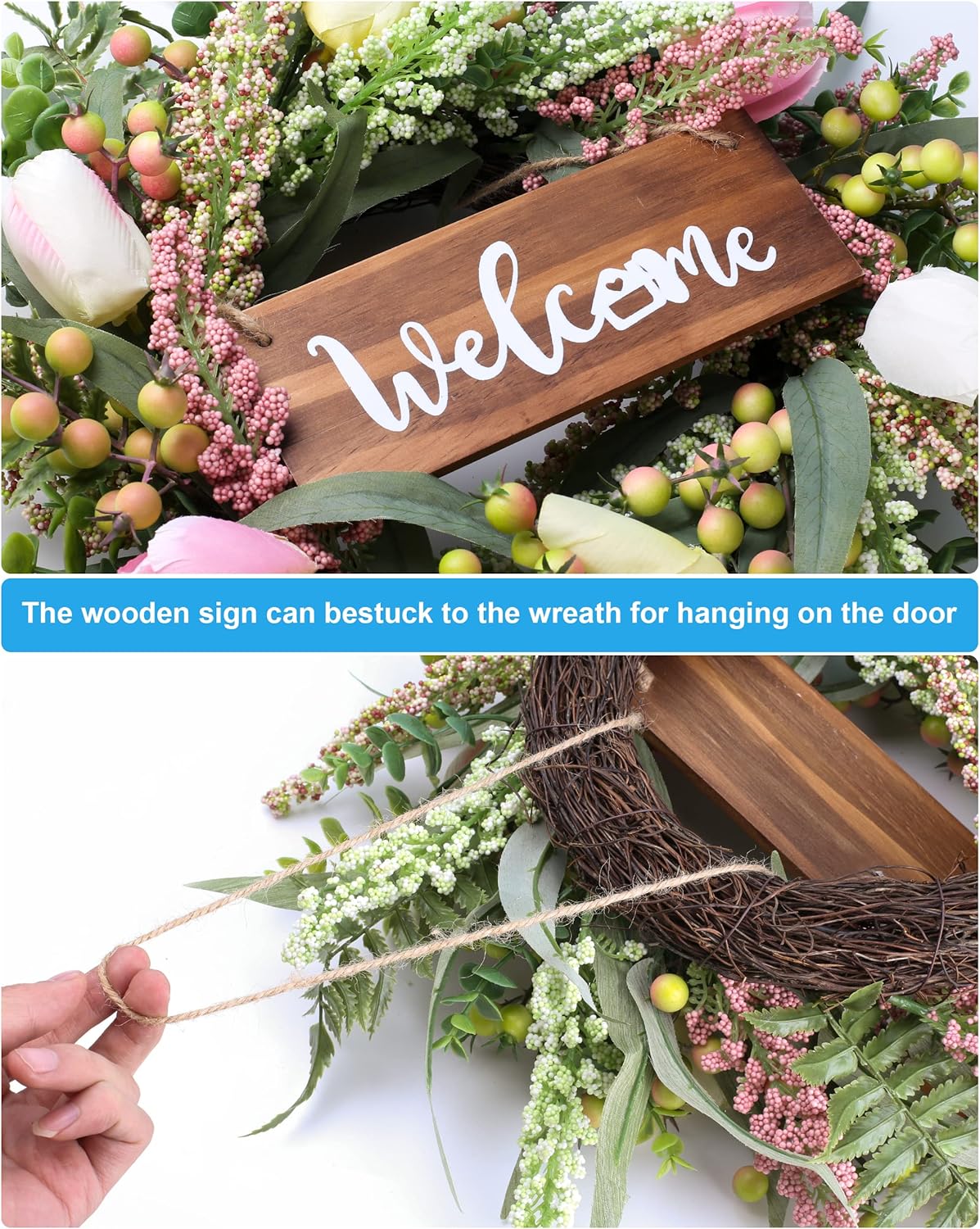 20 Inch Spring Summer Tulip Door Wreath with Berries and Cattails