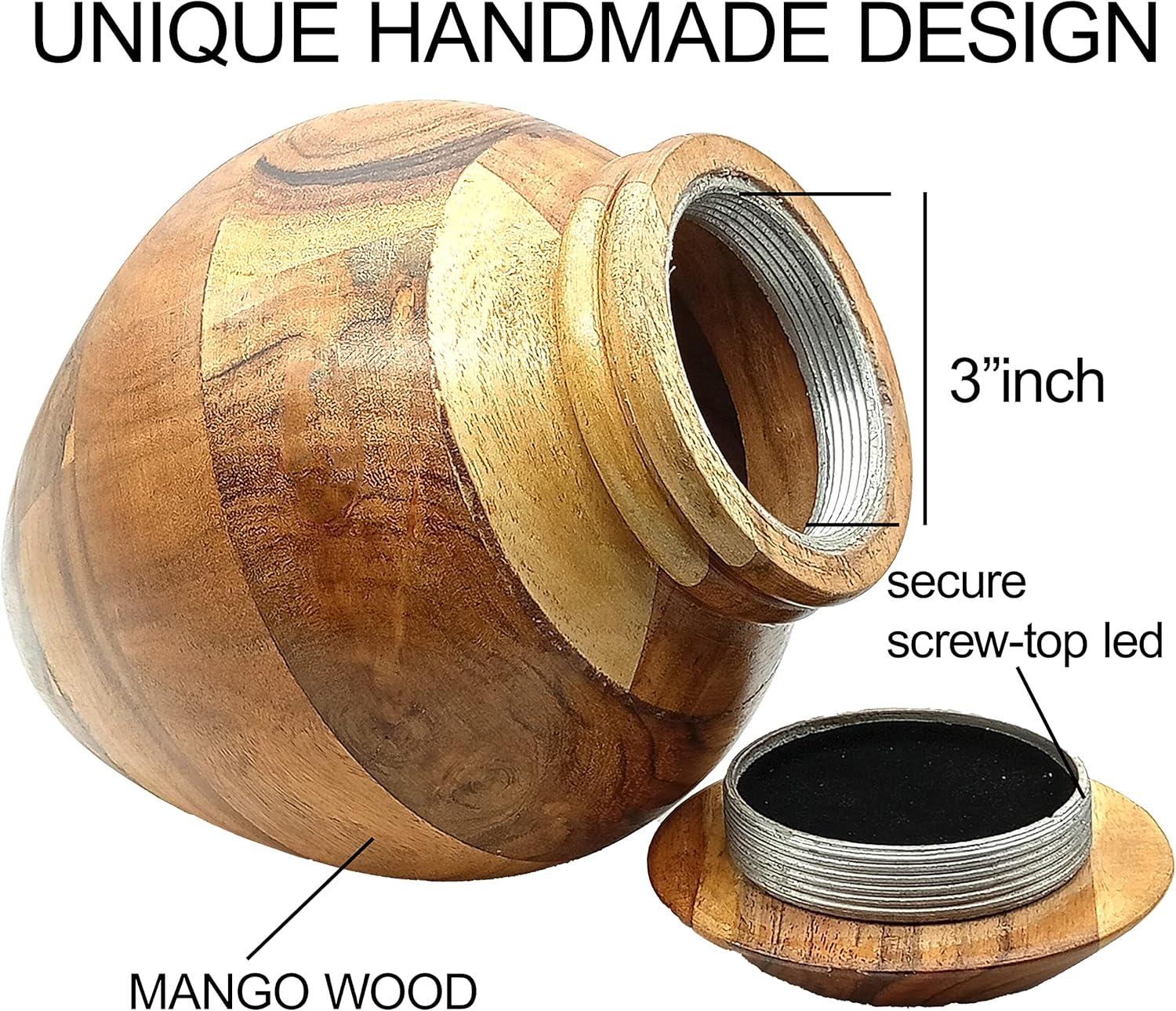 Handcrafted Wooden Urn for Human Ashes with Velvet Bag