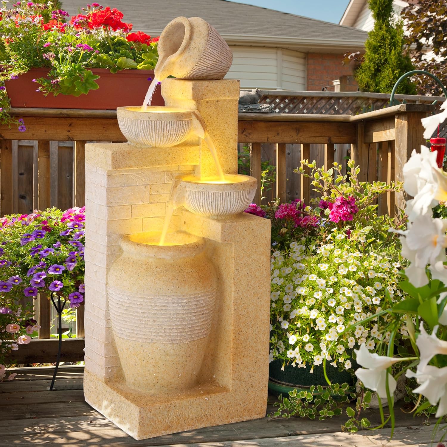 4-Tier Indoor Outdoor Water Feature Fountain with LED Lights Yellow