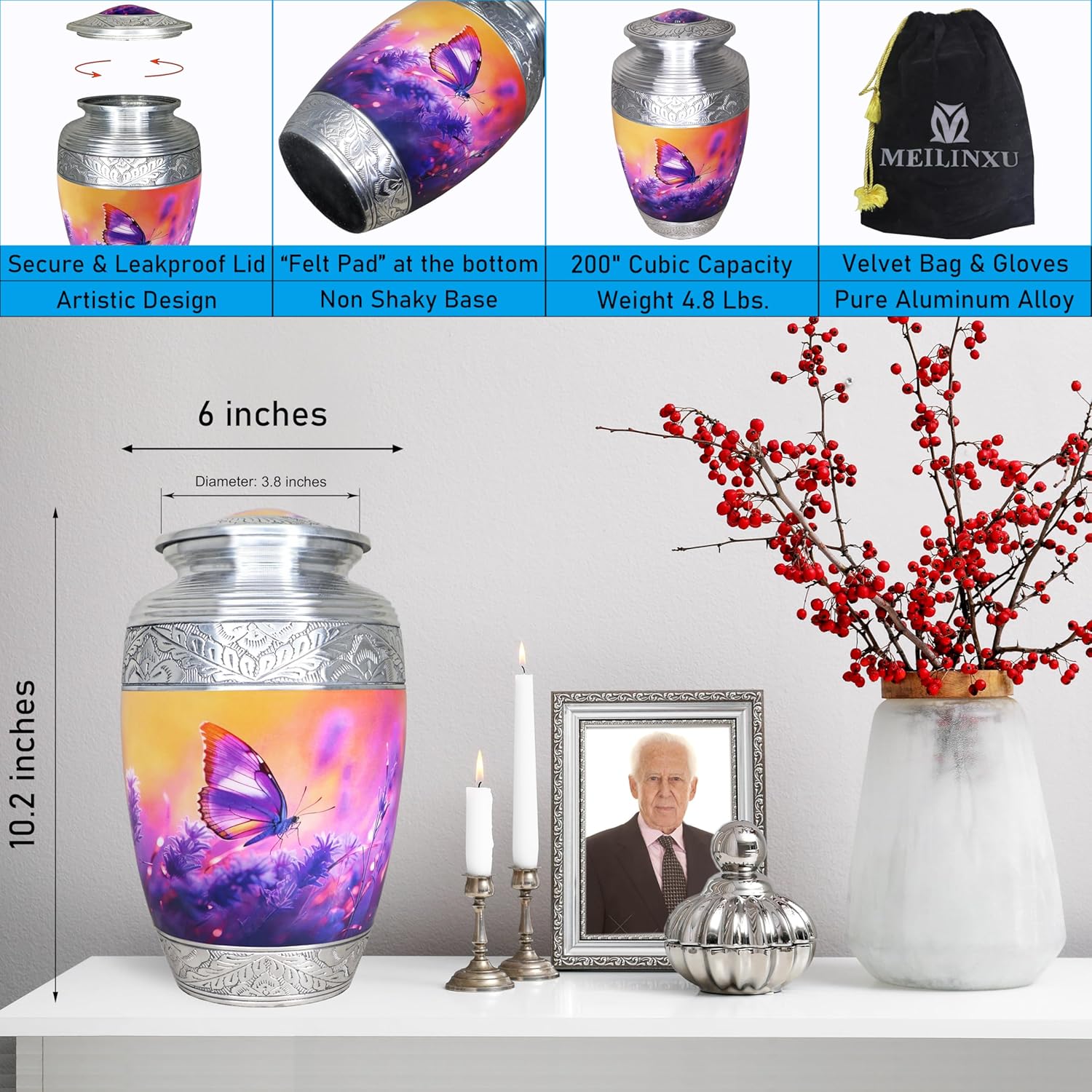 Purple Butterfly Cremation Urn for Human Ashes