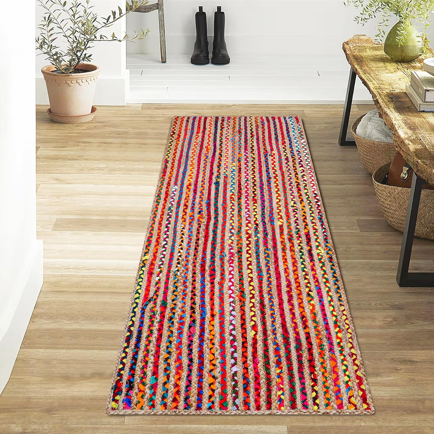 Hausattire Bohemian Braided Runner Rug 2x6 Multi Color