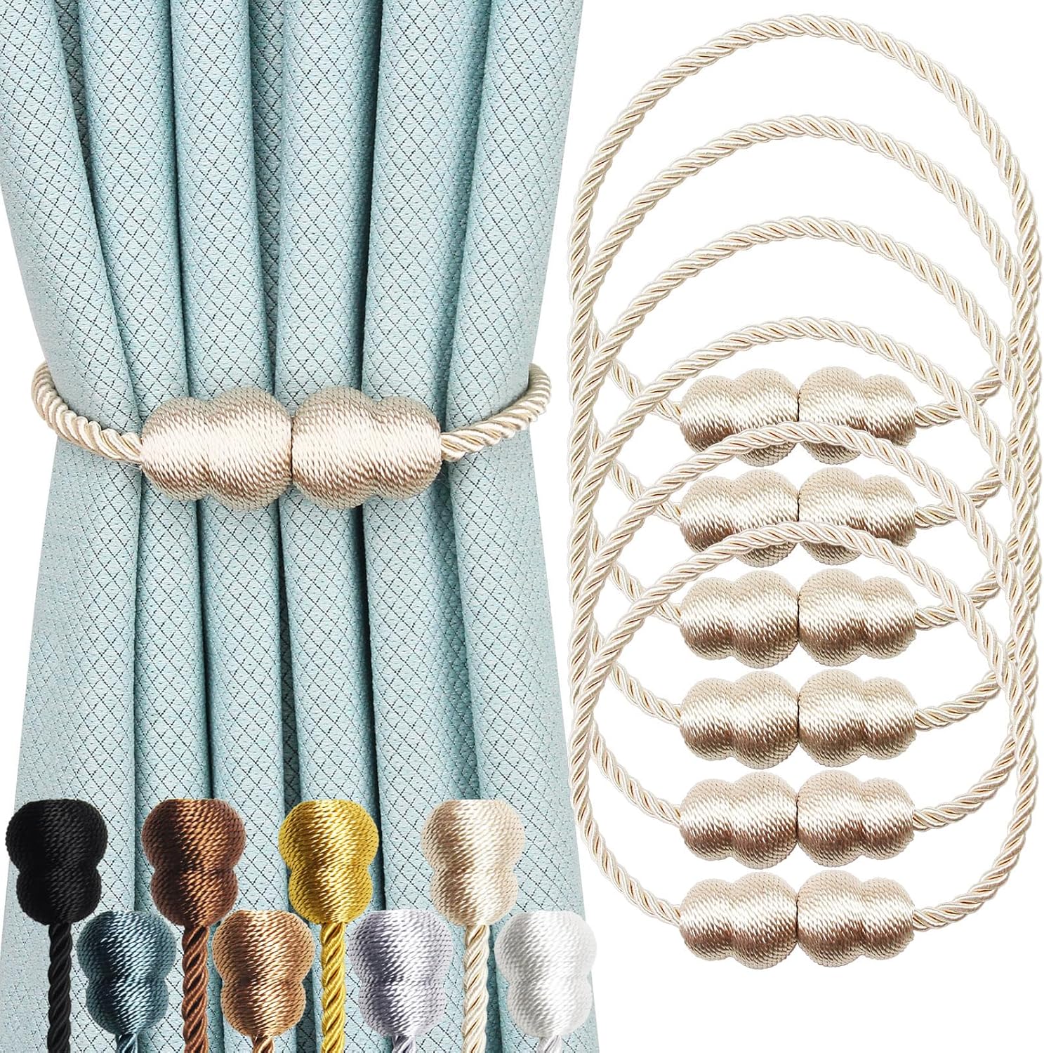 Hangtty Magnetic Curtain Tiebacks 6 Pack Beige