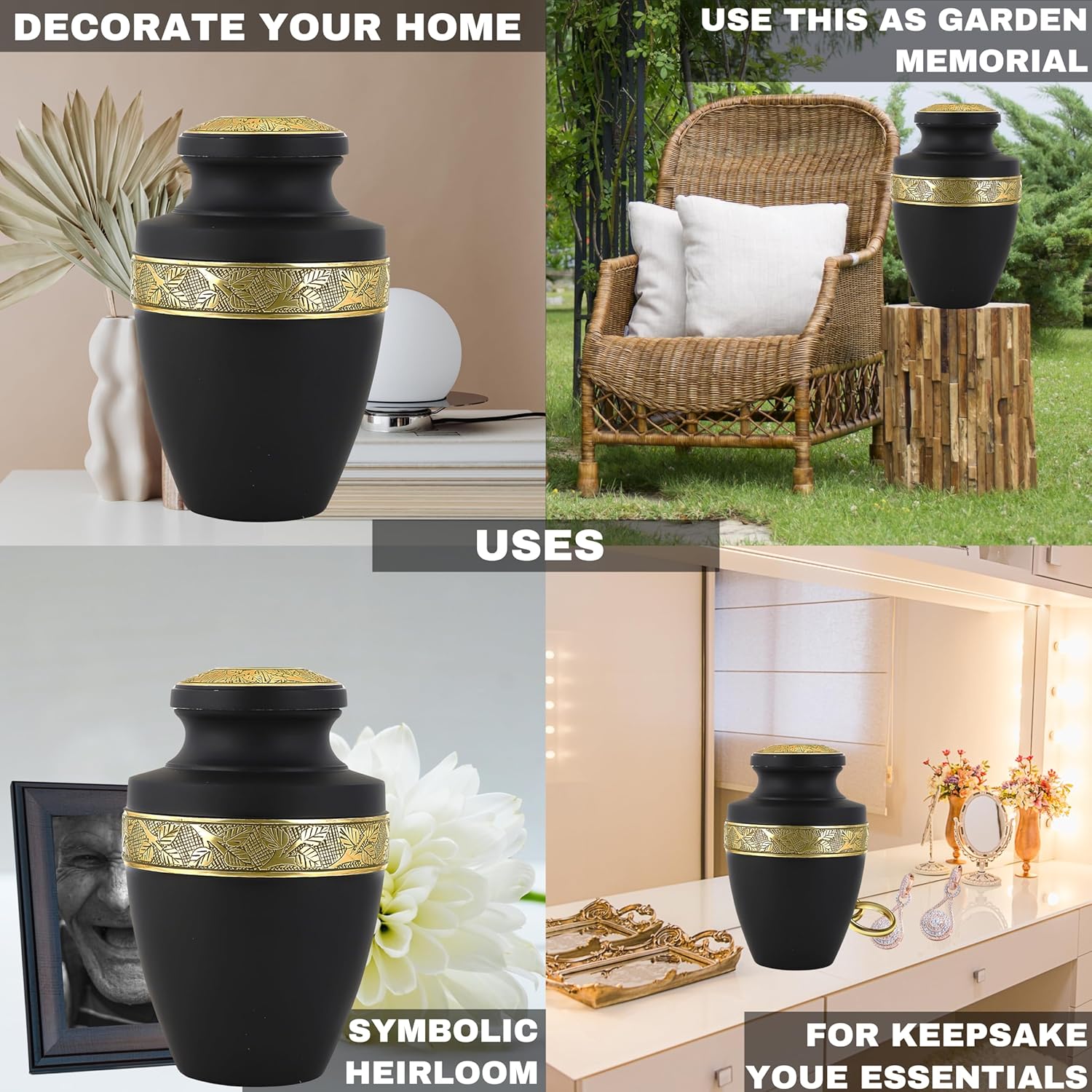 Metal Alloy Decorative Urn for Human Ashes - Black Gold