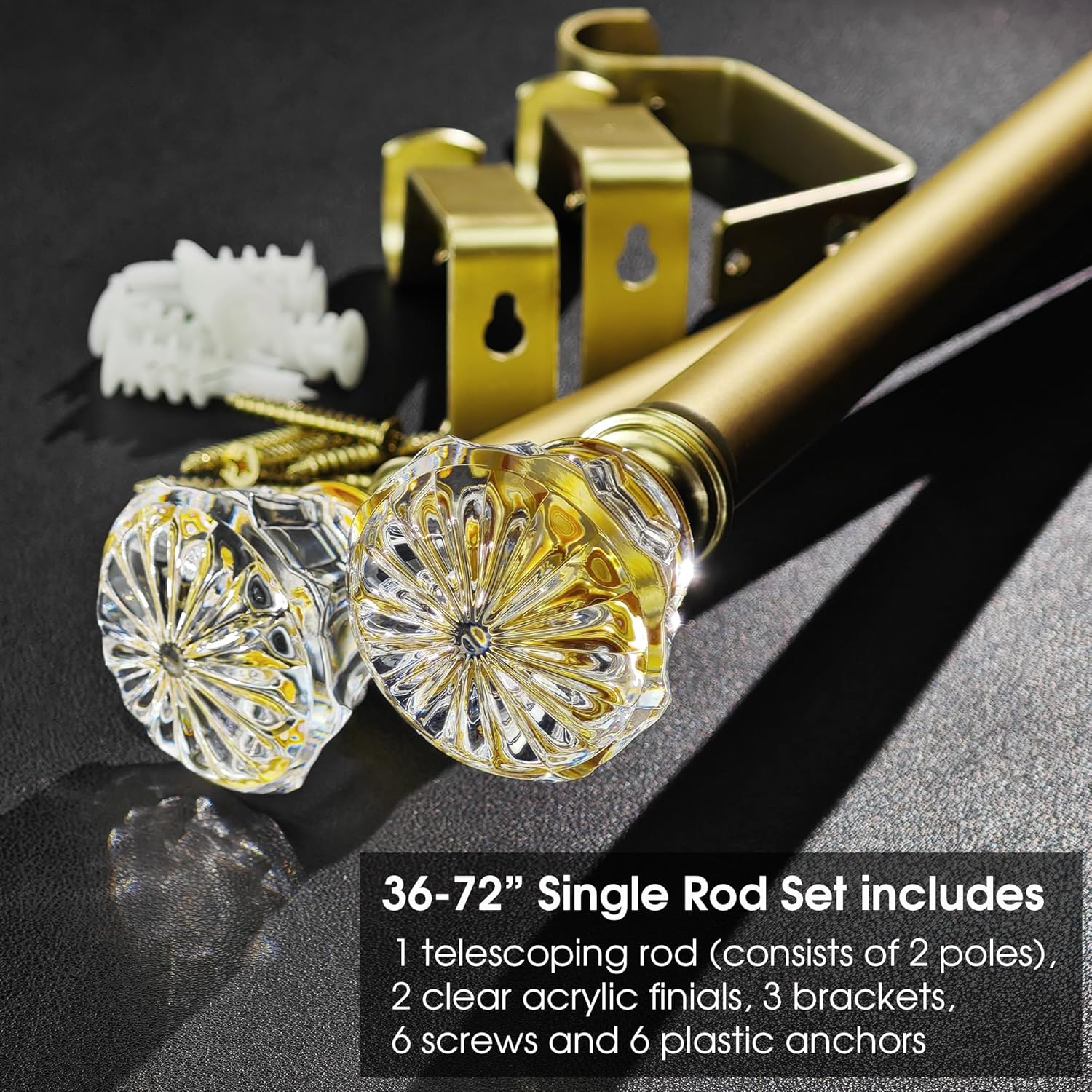 Gold Curtain Rod Set with Crystal Diamond Finials 36-72 Inch