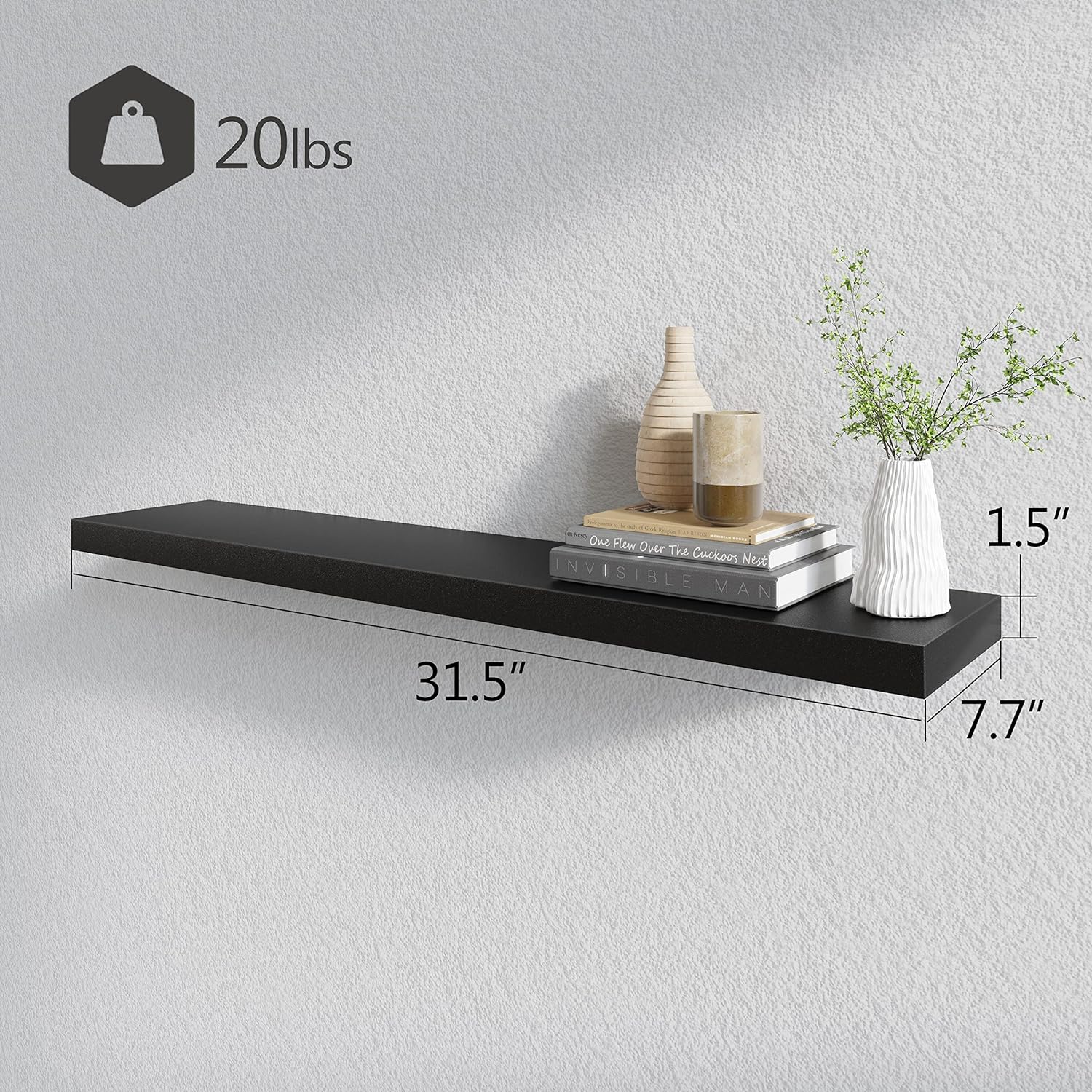 BAMEOS Floating Shelves Set of 2 - Black Wall Mounted Wooden Shelves
